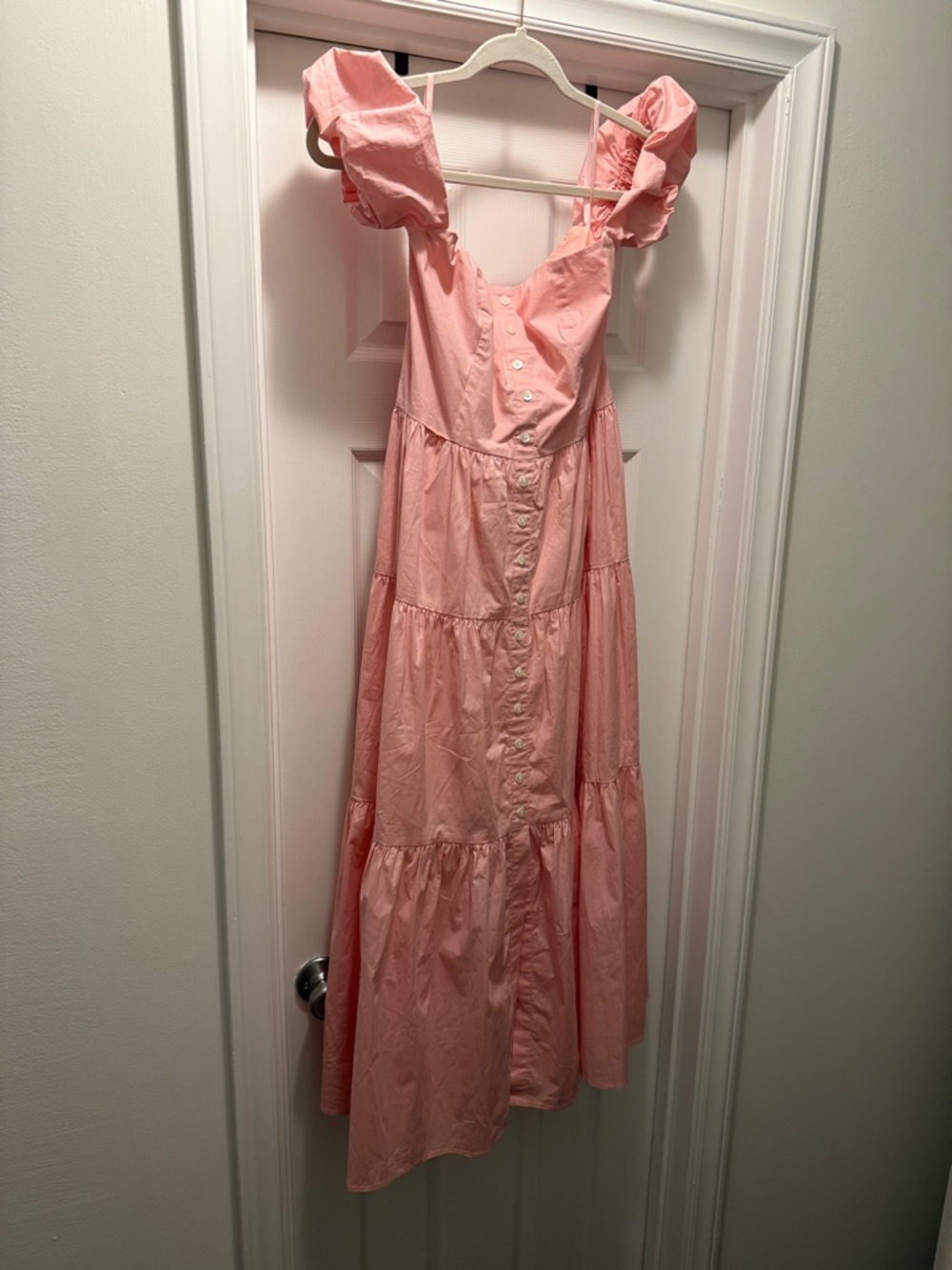 STAUD Pink Ruffle-Strap Tiered Button-Front Dress